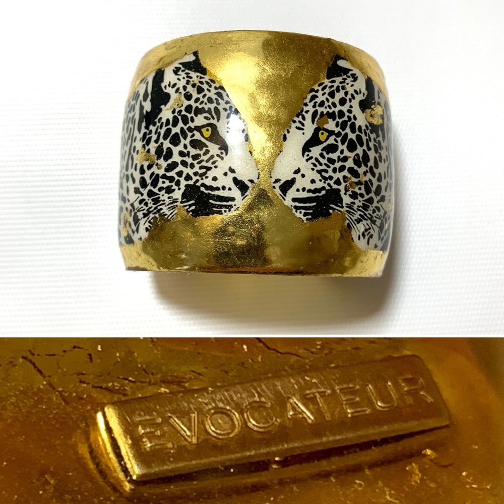 EVOCATEUR gold plated wide cuff bracelet with leopard design heads